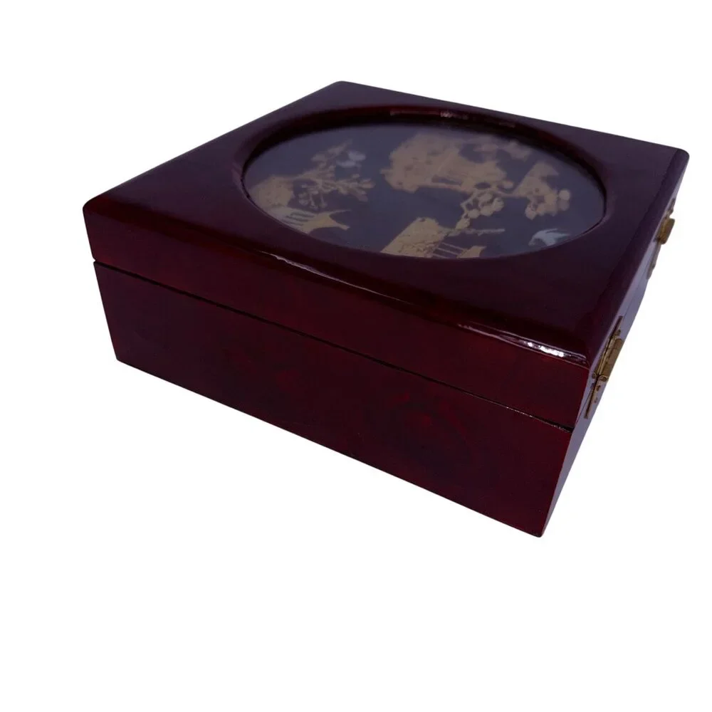 Vtg Chinese Diorama Lacquered Jewelry‎ Box with Inlaid Scene Red Silk Interior